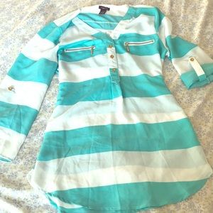 Tunic-style Aqua and White Striped Top